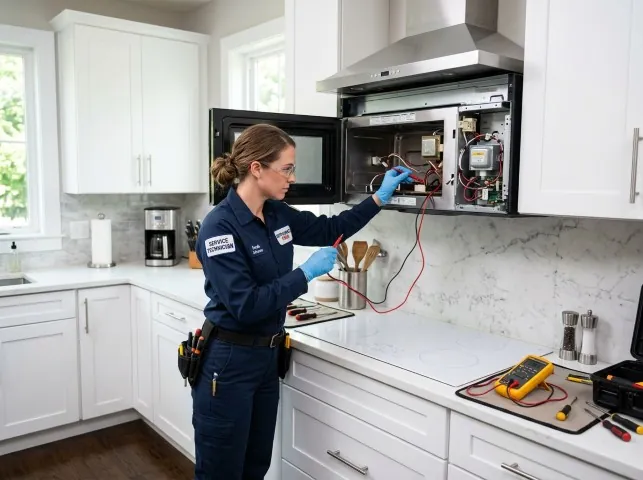 Appliance Repair Hero technician testing an over-the-range microwave in a Bensalem, PA kitchen